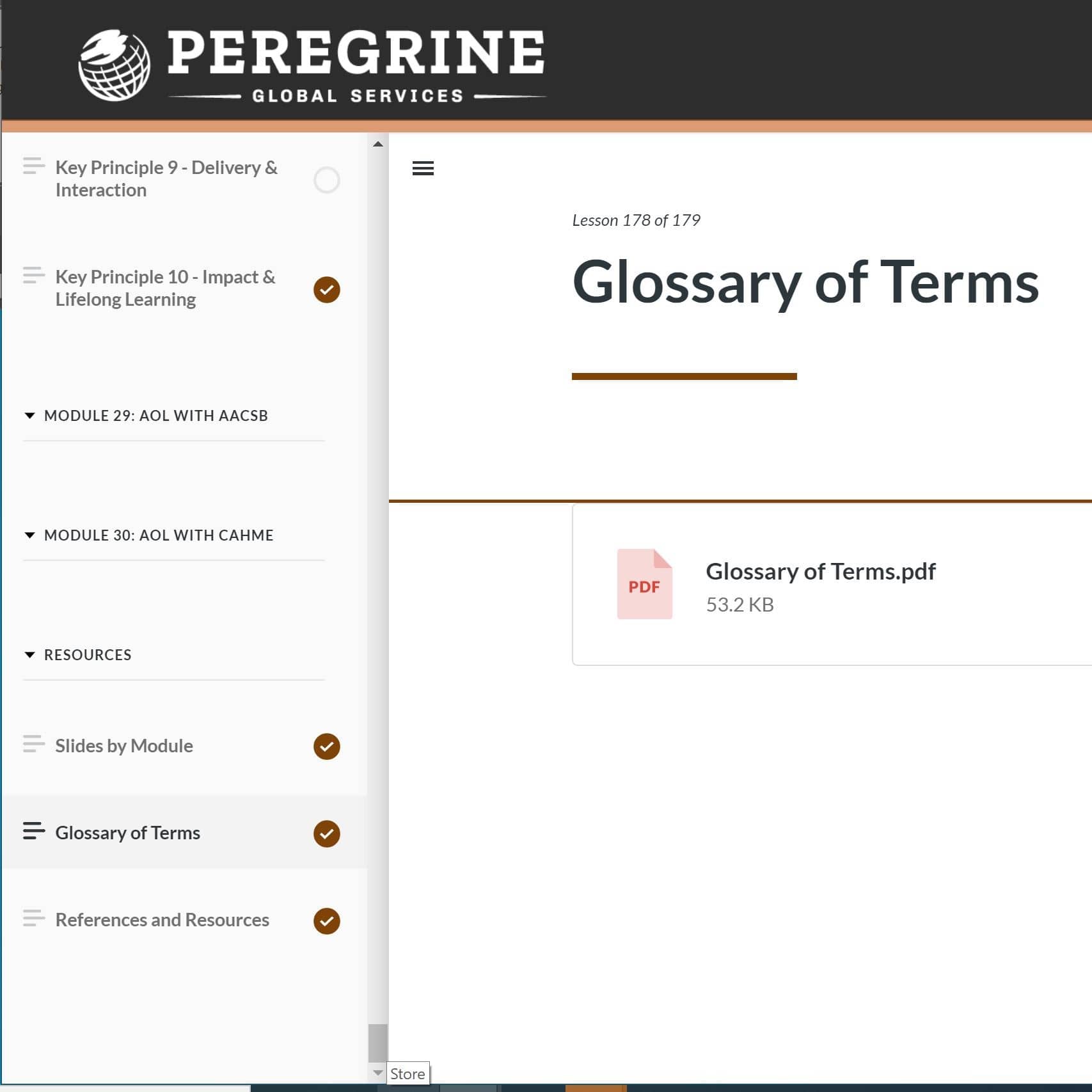 online module user interface glossary of terms Peregrine Global Services